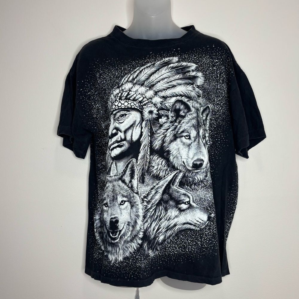 Vintage 90s American thunder Native American graphic Black shirt double sided M